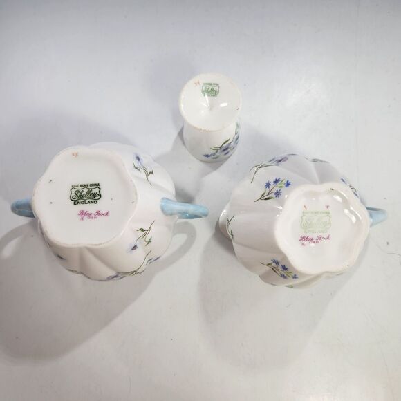Shelley Blue Rock Covered Sugar & Creamer Set w Matching Egg Cup Bone China VTG - Picture 8 of 8